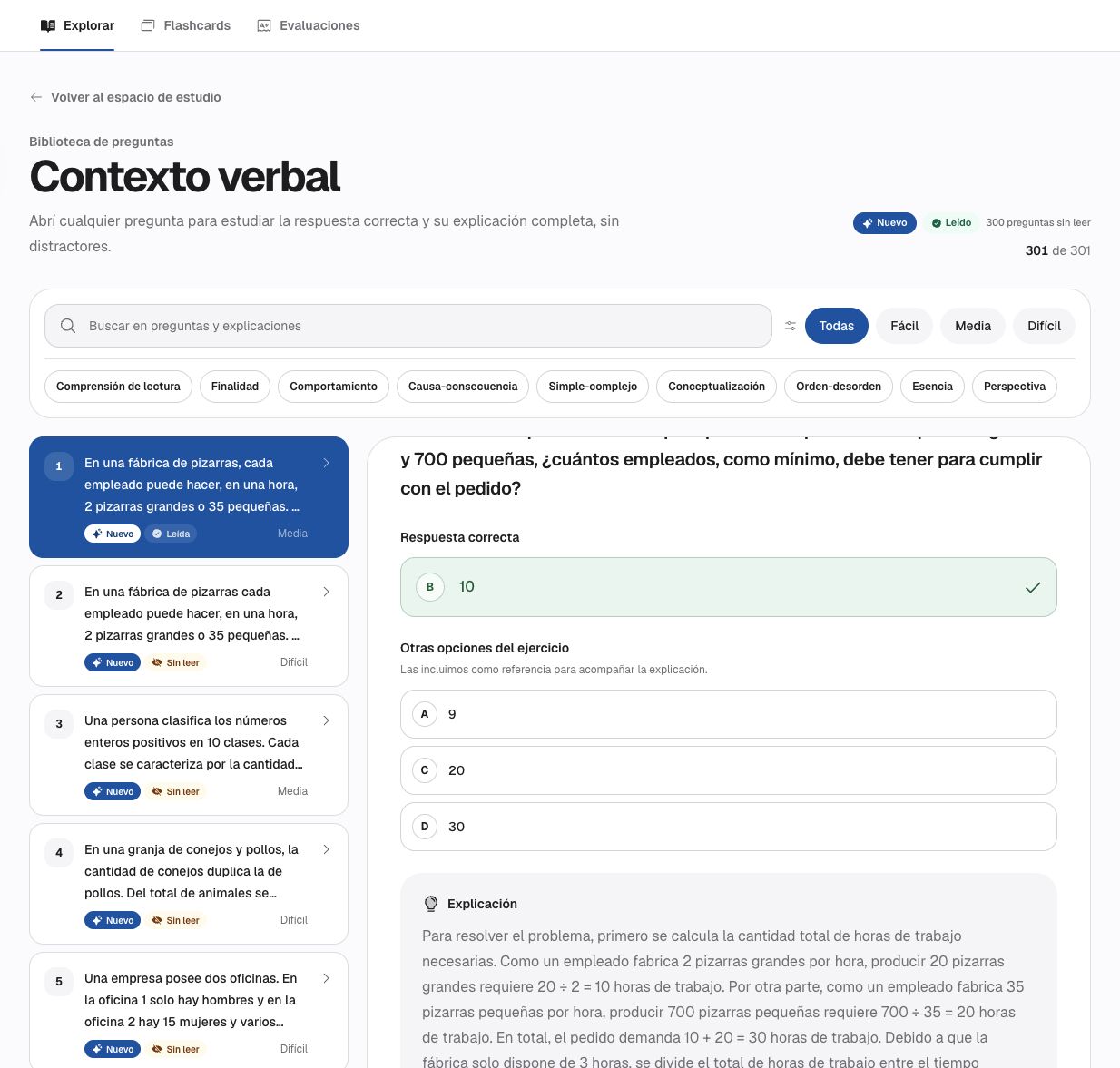 Biblioteca de preguntas de AdmiU con filtros, respuestas y explicaciones paso a paso