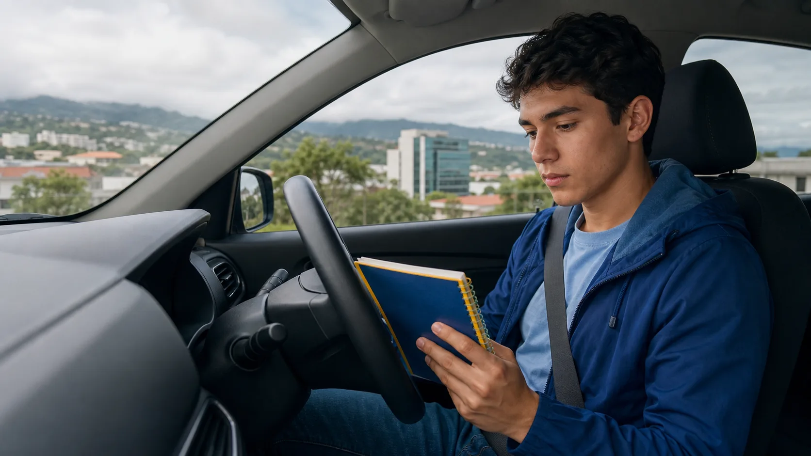 Persona joven estudiando para la prueba teórica de manejo dentro de un automóvil